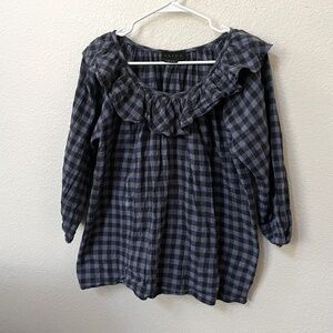 HATCH | The Margot Top Black and Blue Ruffle Collar Gingham Maternity  | Size 0